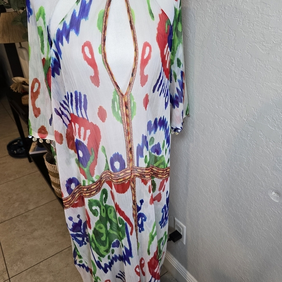 Zara Long Beaded Print Kimono Kaftan Sheer Colorful Beach Coverup Xs - Picture 4 of 9